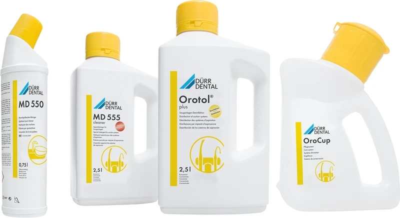 Orotol® plus Sauganlagen-Desinfektion  Basis-Set  2,5 Liter Orotol Plus, 2,5 Liter Flasche MD 555 cleaner, 750 ml MD 550, 1 Orocup