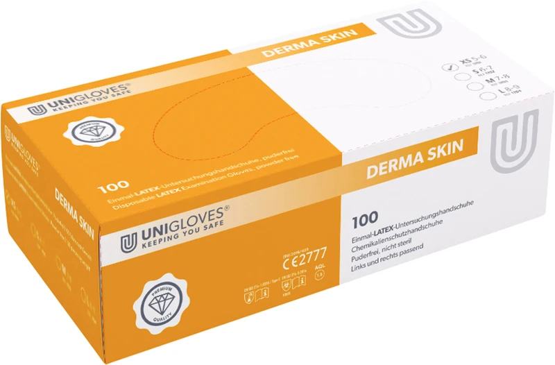 DERMA SKIN Latexhandschuhe  Packung  100 Stück puderfrei, naturlatex, XS