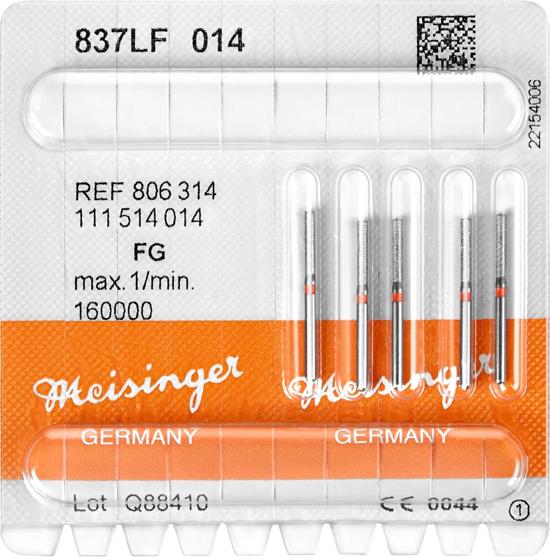 Diamanten 837  Packung  5 Stück rot fein, FG, Figur 111 Zylinder lang, 6 mm, ISO 014