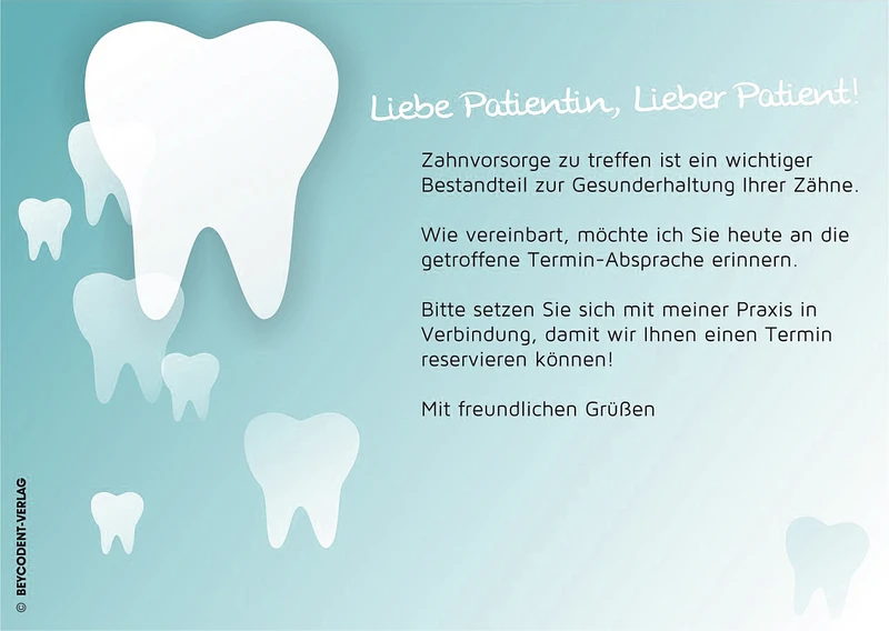 Zahnvorsorge-Karte  Packung  100 Stück türkis DIN A6, Zahn