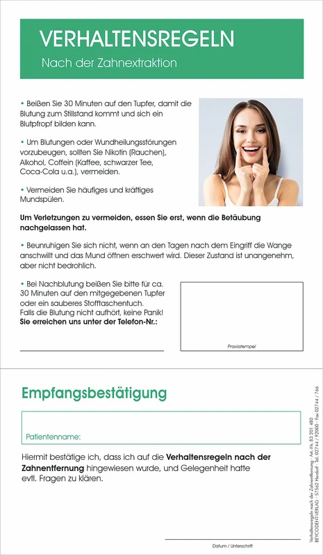 Verhaltensregeln nach Zahnextraktion   Packung  100 Stück