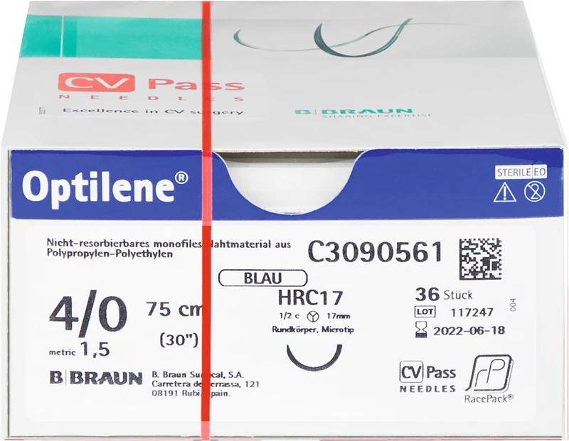Optilene®  Packung  36 Stück blau, 75 cm, HRC17, 1\2 Kreis, Rundkörper, kurz, 17 mm, USP 4\0