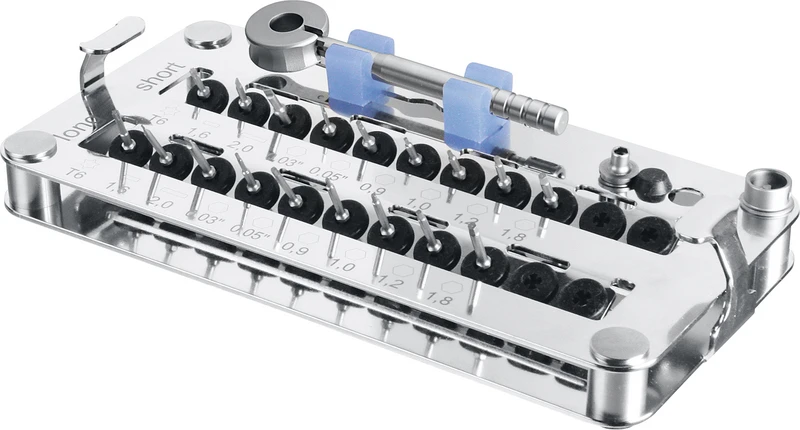 Prothetik Schraubendreher Kit  Packung  18 Klingen, 1 Fingerratsche, 1 Eindreh-Adapter, 1 Rack, 1 Box