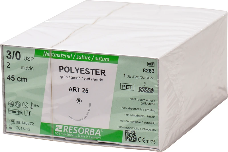 RESORBA® Polyester  Packung  12 Stück grün, 45 cm, ART25, Asymptotische schneidende Rundkörper, 25 mm, USP 3\0