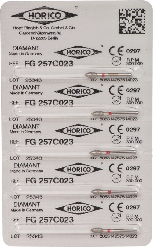 Diamantschleifer 257  Packung  5 Stück rot fein, FG, Figur 257, 5 mm, ISO 023