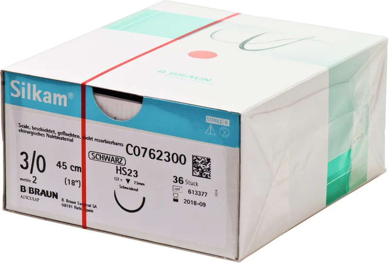Silkam®  Packung  36 Stück schwarz, 45 cm, HS23, 1\2 Kreis, schneidend, 23 mm, USP 3\0