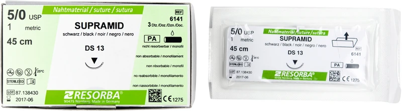 RESORBA® Supramid  Packung  36 Stück schwarz, 45 cm, DS13, 3\8 Kreis, außen schneidend, 13 mm, USP 5\0