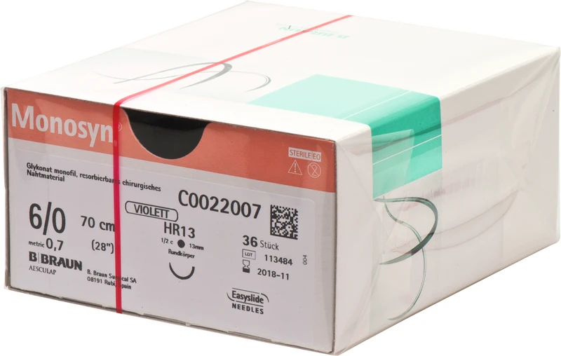 Monosyn®  Packung  36 Stück violett, 70 cm, HR13, 1\2 Kreis, Rundkörper, 13 mm, USP 6\0