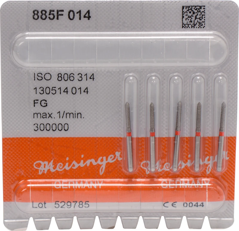 Diamanten 885  Packung  5 Stück rot fein, FG, Figur 130 Zylinder spitz, 8 mm, ISO 014