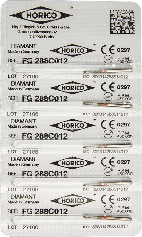 Diamantschleifer 288  Packung  5 Stück rot fein, FG, Figur 289, 8 mm, fein, FG, Figur 288, 6 mm, ISO 012