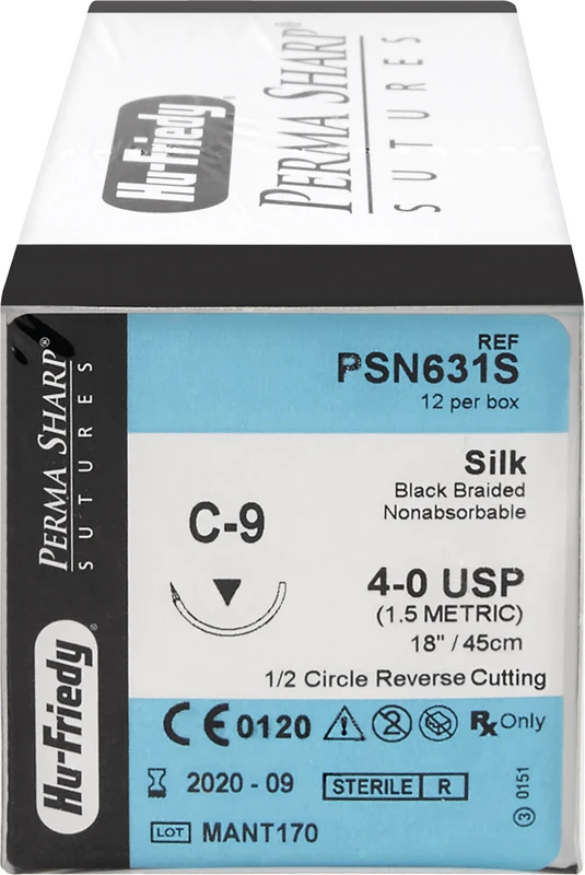 Perma Sharp Seide  Packung  12 Stück schwarz, 45 cm, C-9, 1\2 Kreis, schneidend, Rückstich, 23 mm, USP 4\0