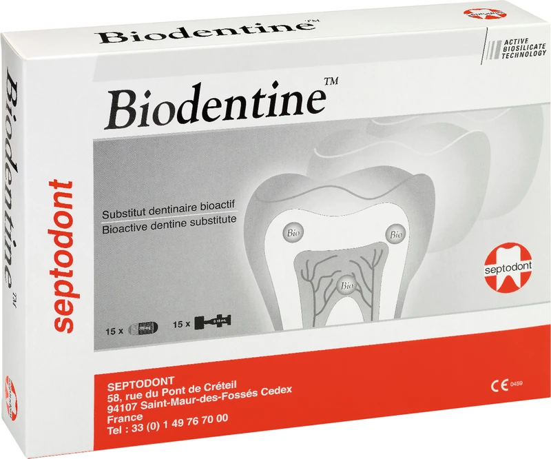Biodentine  Packung  15 Kapseln Pulver, 15 Flüssigkeitspipetten, 15 Applikatoren, 1 Kapselhalter