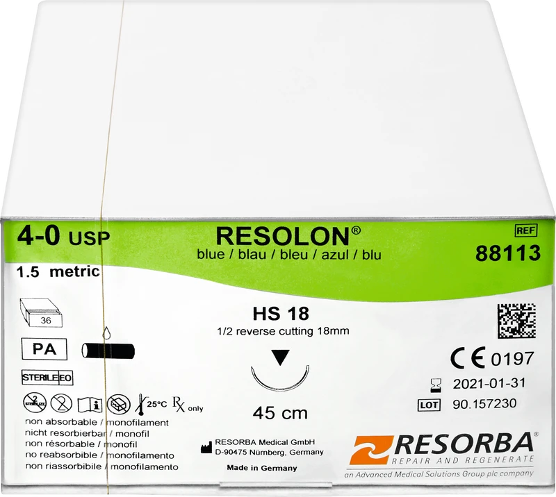 RESOLON®  Packung  36 Stück blau, 45 cm, HS18, 1\2 Kreis, außen schneidend, 18 mm, USP 4\0