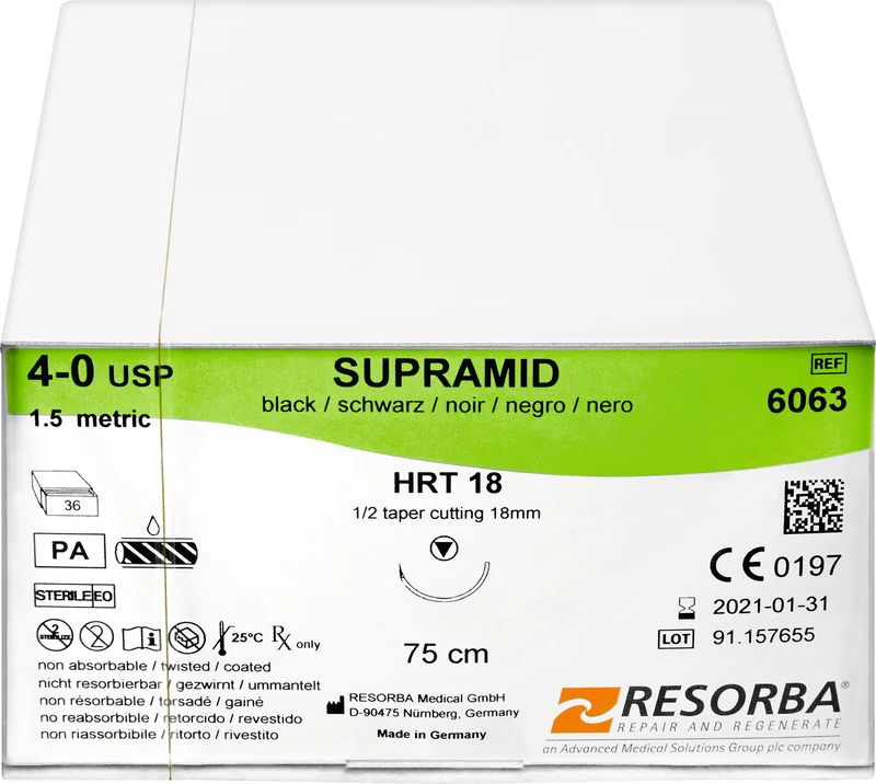 RESORBA® Supramid  Packung  36 Stück schwarz, 75 cm, HRT18, 1\2 Kreis, schneidender Rundkörper, 18 mm, USP 4\0