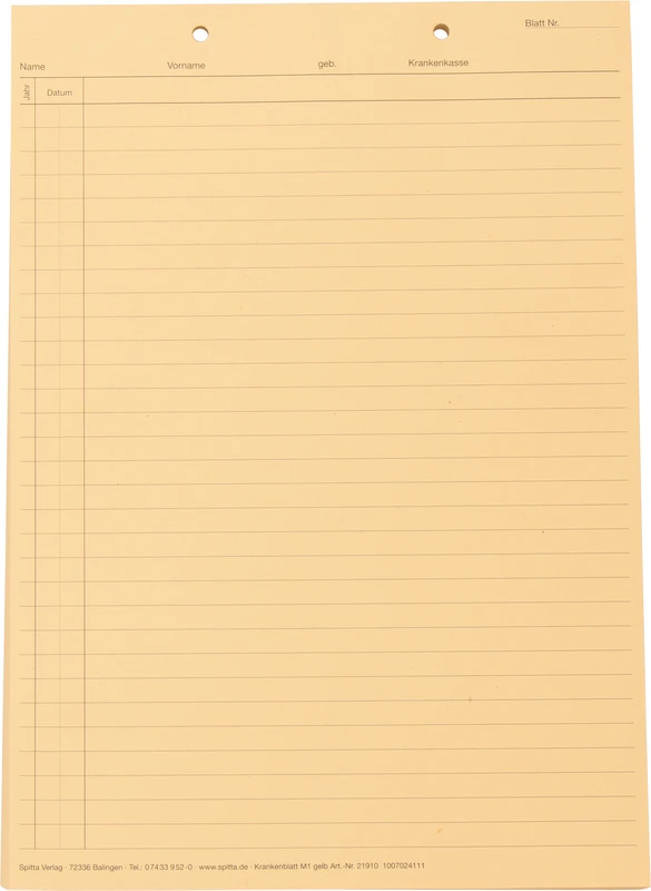 Krankenblatt M1   Stück  100 Blatt gelb, kopfgelocht, A5