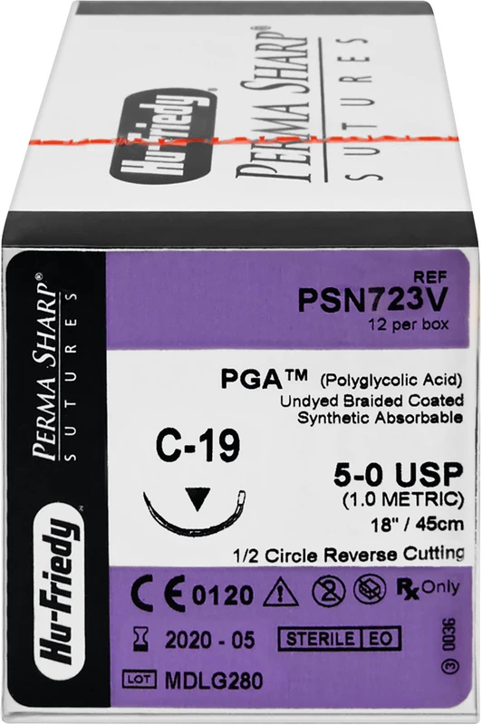 Perma Sharp PGA  Packung  12 Stück ungefärbt, 45 cm, C-19, 1\2 Kreis, schneidend, Rückstich, 18,3 mm, USP 5\0