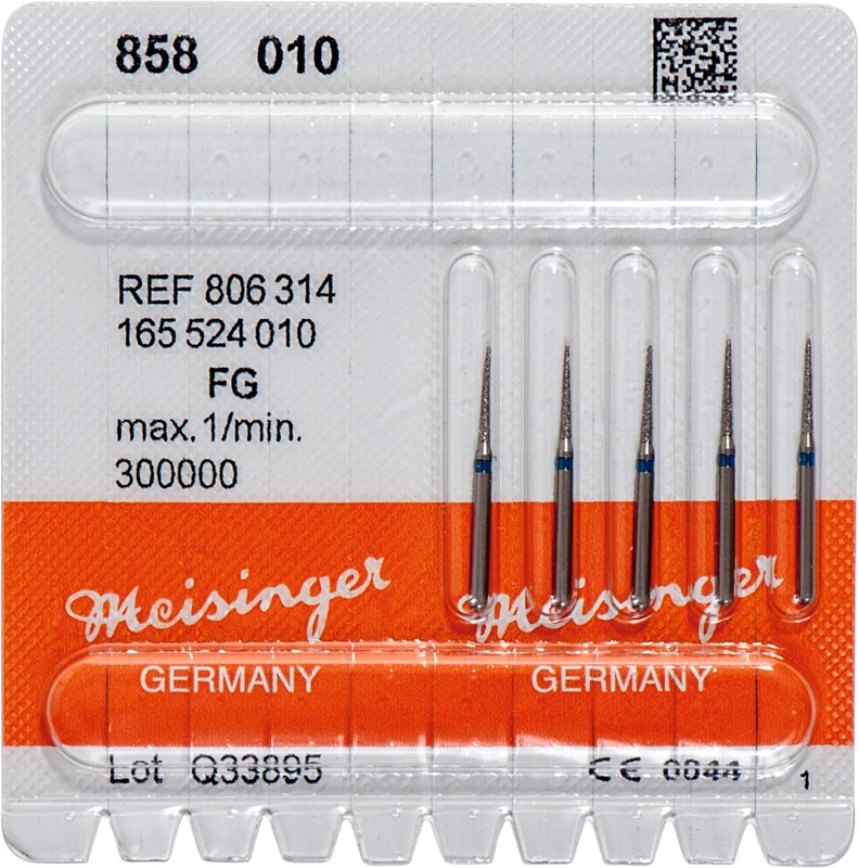 Diamanten 858  Packung  5 Stück blau mittel, FG, Figur 165 kon. spitz, Nadel, 8 mm, ISO 010