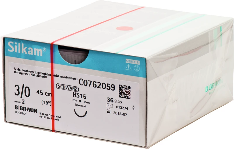 Silkam®  Packung  36 Stück schwarz, 45 cm, HS15, 1\2 Kreis, schneidend, 15 mm, USP 3\0