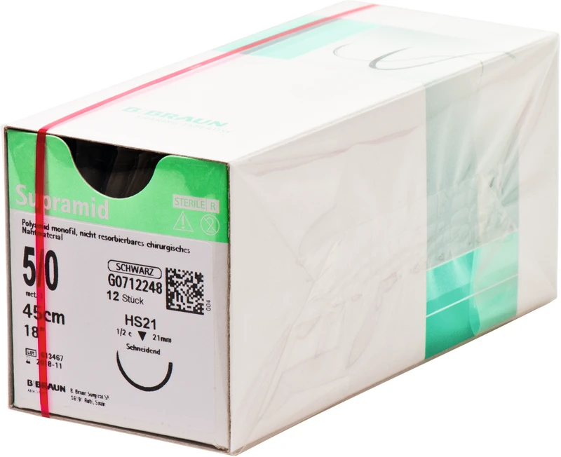 Supramid  Packung  36 Stück schwarz, 45 cm, HS21, 1\2 Kreis, schneidend, 21 mm, USP 5\0