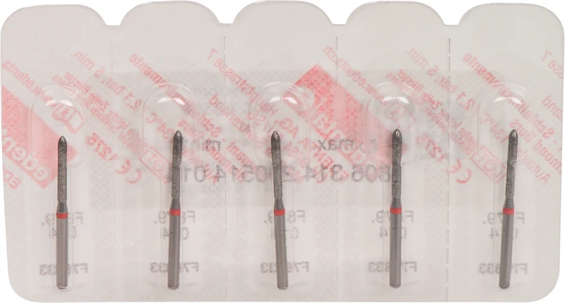 Omni Diamanten 879  Packung  5 Stück rot fein, FG, Figur 290 Torpedo zylindrisch, 10 mm, ISO 014
