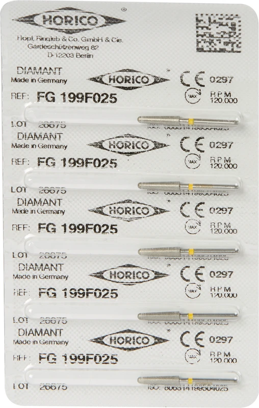 Diamantschleifer 199  Packung  5 Stück gelb x-fein, FG, Figur 199, 10 mm, ISO 025
