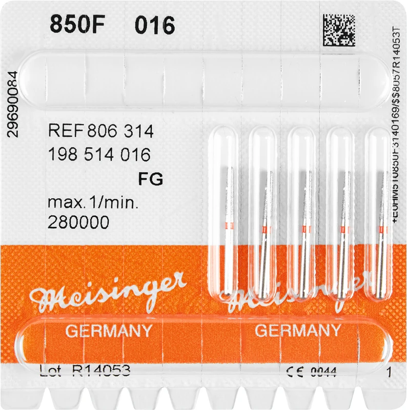 Diamanten 850  Packung  5 Stück rot fein, FG, Figur 198 Konus rund, 8 mm ISO 016