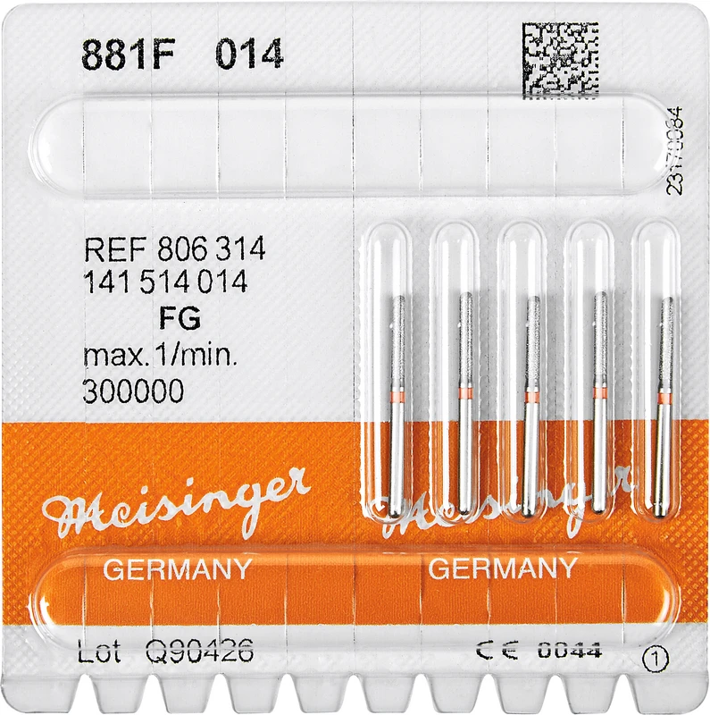 Diamanten 881  Packung  5 Stück rot fein, FG, Figur 141 Zylinder rund, 8 mm, ISO 014