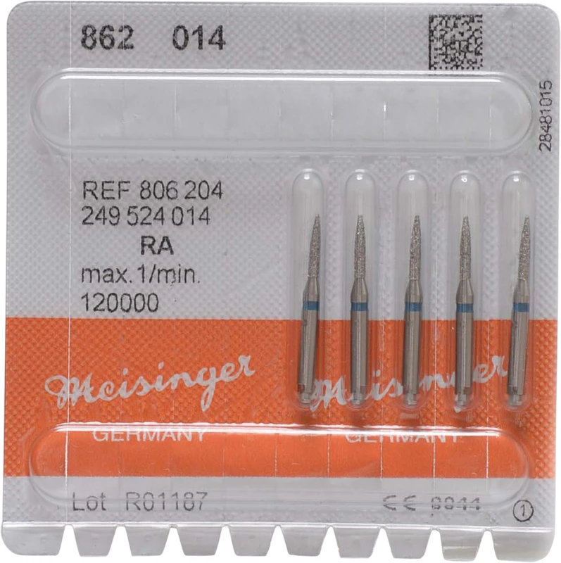 Diamanten 862  Packung  5 Stück blau mittel, RA, Figur 249 Flamme, 8 mm, ISO 014