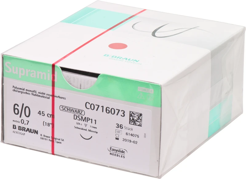 Supramid  Packung  36 Stück schwarz, 45 cm, DSMP11, 3\8 Kreis, schneidend, Mikropräzision, 11 mm, USP 6\0
