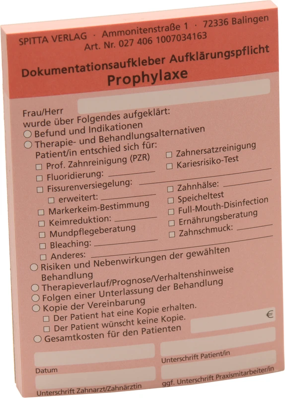 Dokumentationsaufkleber Aufklärungspflicht   Stück  50 Blatt Prophylaxe, rot
