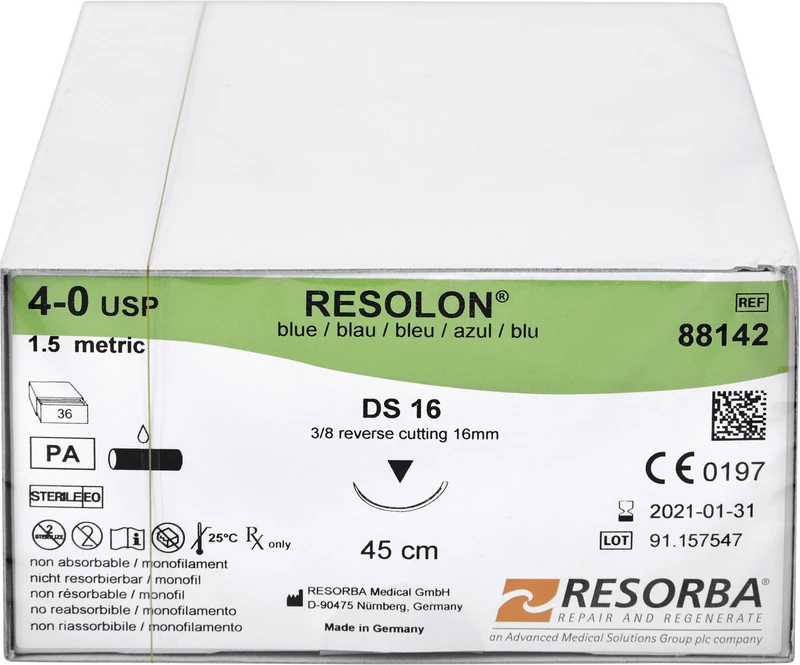 RESOLON®  Packung  36 Stück blau, 45 cm, DS16, 3\8 Kreis, außen schneidend, 16 mm, USP 4\0