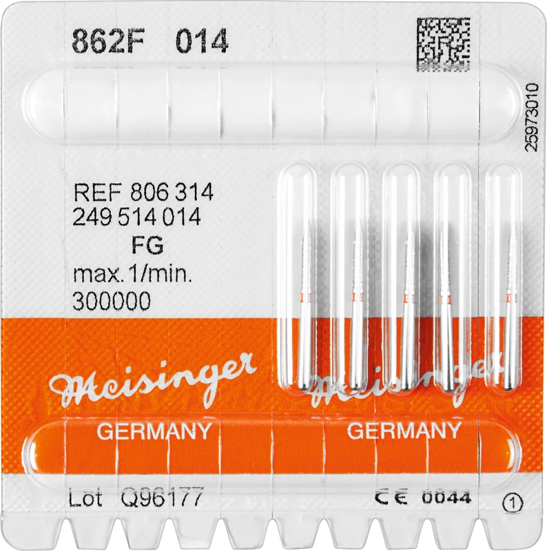 Diamanten 862  Packung  5 Stück rot fein, FG, Figur 249 Flamme, 8 mm, ISO 014