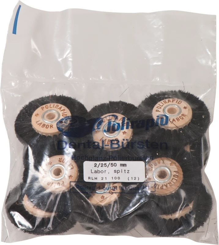 Labor Rundbürsten  Packung  12 Stück mit HK, 2-reihig, Chungking schwarz, spitz, Kern: Ø 25 mm, Außen: Ø 50 mm
