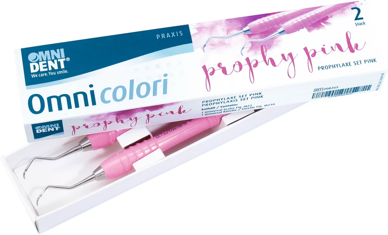 Omni colori  Set  1 Kürette universal, Figur M23A, 1 Scaler universal, Figur M23, Silikongriff pink