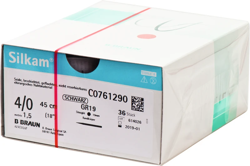 Silkam®  Packung  36 Stück schwarz, 45 cm, GR19, gerade, Rundkörper, 19 mm, USP 4\0