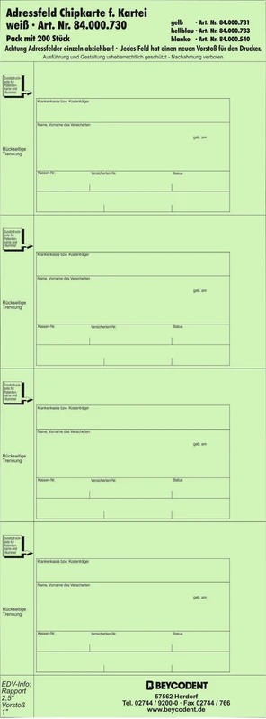 Adressfeld 730 für Chipkartenausdruck  Packung  200 Stück grün