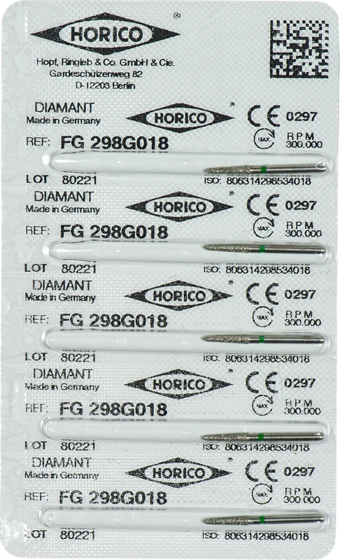 Diamantschleifer 298  Packung  5 Stück grün grob, FG, Figur 298, 8 mm, ISO 018