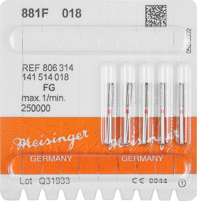 Diamanten 881  Packung  5 Stück rot fein, FG, Figur 141 Zylinder rund, 8 mm, ISO 018