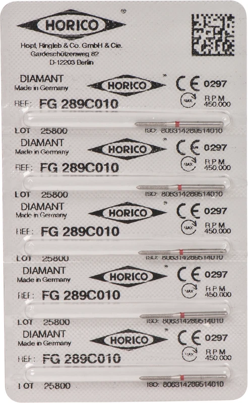 Diamantschleifer 289  Packung  5 Stück rot fein, FG, Figur 289, 8 mm, ISO 010