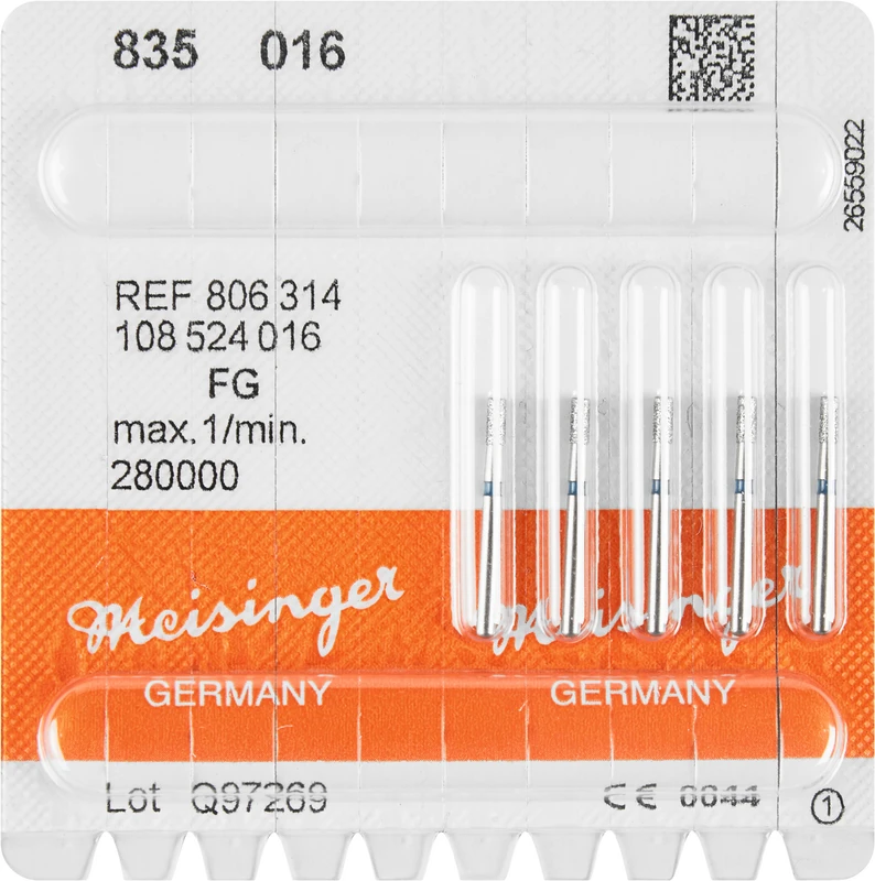 Diamanten 835  Packung  5 Stück blau mittel, FG, Figur 108 Zylinder, 3,5 mm, ISO 016
