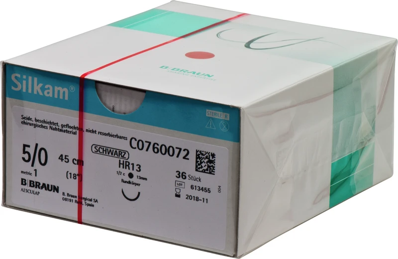 Silkam®  Packung  36 Stück schwarz, 45 cm, HR13, 1\2 Kreis, Rundkörper, 13 mm, USP 5\0
