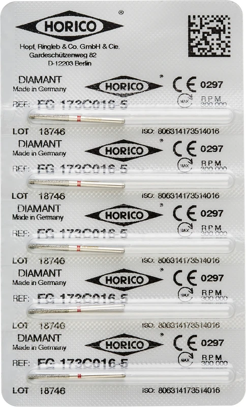 Diamantschleifer 173  Packung  5 Stück rot fein, FG, Figur 173, 10 mm, ISO 016