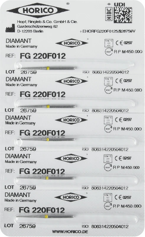 Diamantschleifer 220  Packung  5 Stück gelb x-fein, FG, Figur 220, 10 mm, ISO 012