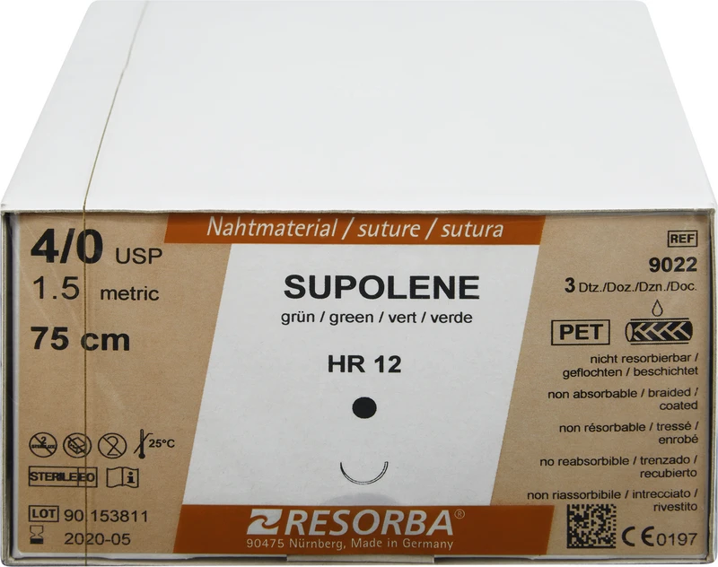 RESORBA® Supolene  Packung  36 Stück grün, 75cm, HR12, 1\2 Kreis, Rundkörper, 12 mm, USP 4\0
