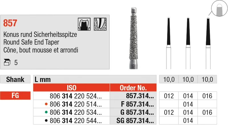 Diamanten 857  Packung  5 Stück rot fein, FG, Figur 220 Konus rund Sicherheitsspitze, 10 mm, ISO 014