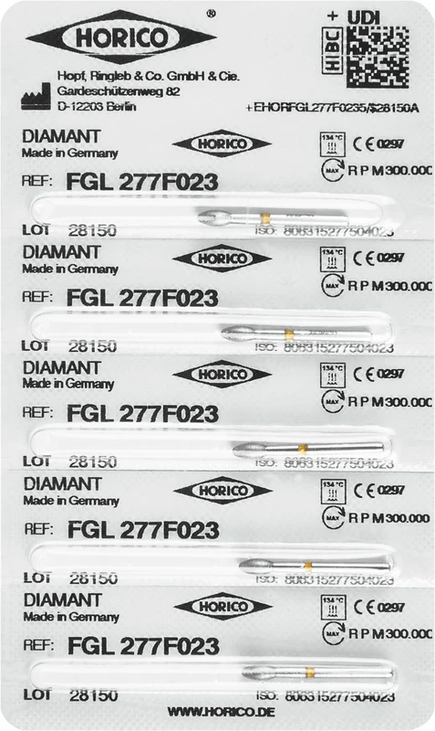 Diamantschleifer 277  Packung  5 Stück gelb x-fein, FG L, Figur 277, 4,5 mm, ISO 023