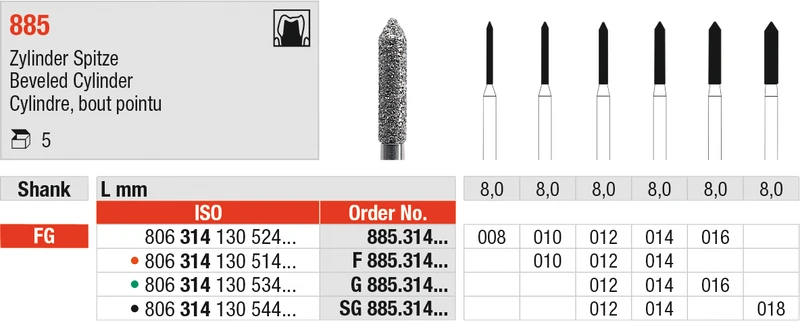 Diamanten 885  Packung  5 Stück rot fein, FG, Figur 130 Zylinder Spitze, 8 mm, ISO 014