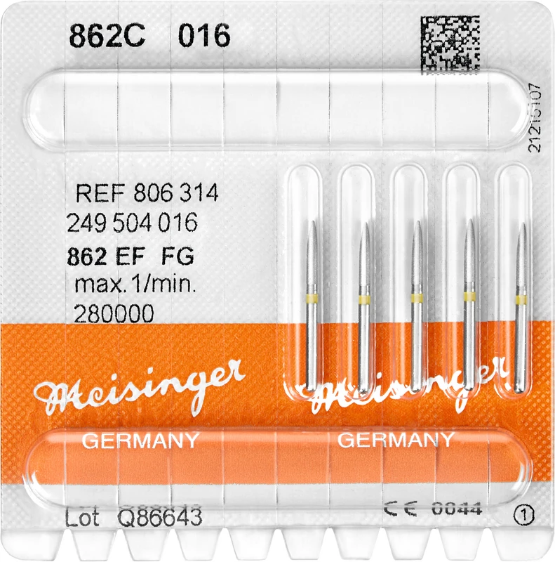 Diamanten 862  Packung  5 Stück gelb extra fein, FG, Figur 249 Flamme, 8 mm, ISO 016