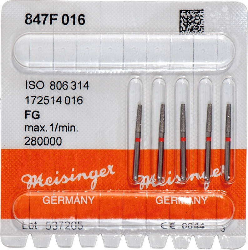 Diamanten 847  Packung  5 Stück rot fein, FG, Figur 172 Konus Kante scharf, 8 mm, ISO 016