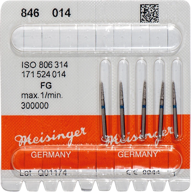 Diamanten 846  Packung  5 Stück blau mittel, FG, Figur 171 Konus Kante scharf, 6 mm, ISO 014